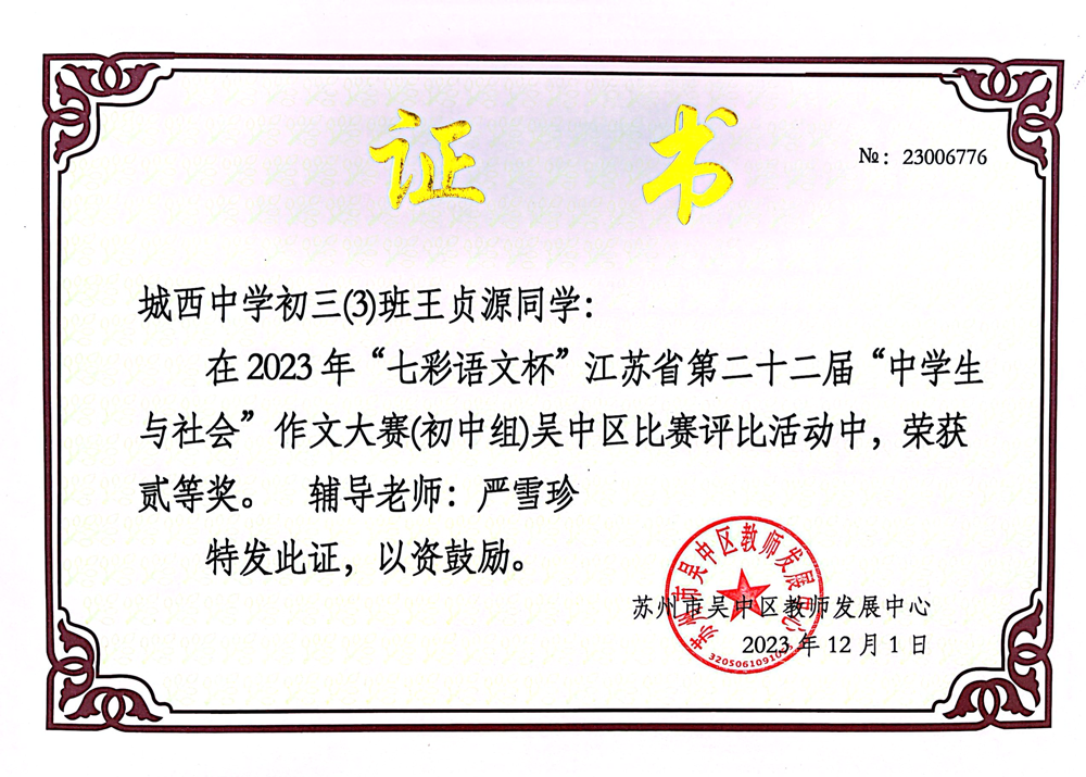 严雪珍学生王贞源获奖证书